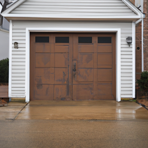 Suburban Cranford home with a closed garage door on a wet street; door panels and tracks visible.