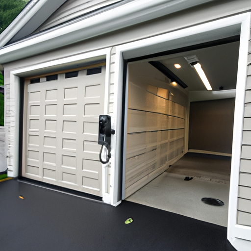 Suburban Cranford, NJ home with modern garage door and visible smart garage hardware, wet driveway after rain.