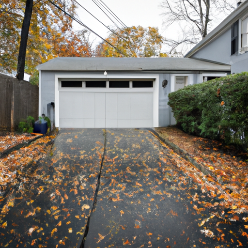Cranford home exterior with steel garage door, wet driveway and fallen leaves in autumn.