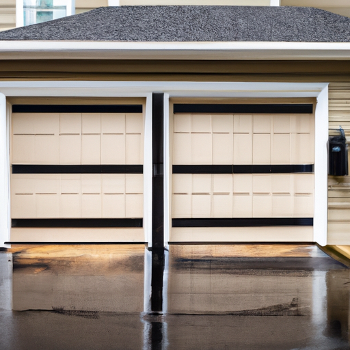 Suburban Cranford home with modern sectional garage door closing, wet driveway and visible door tracks.