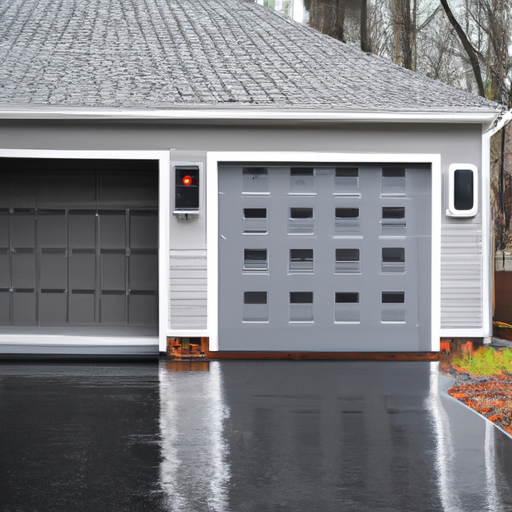 Suburban Cranford two-car garage with modern smart-panel steel door, keypad, and visible smart hub on overcast afternoon.