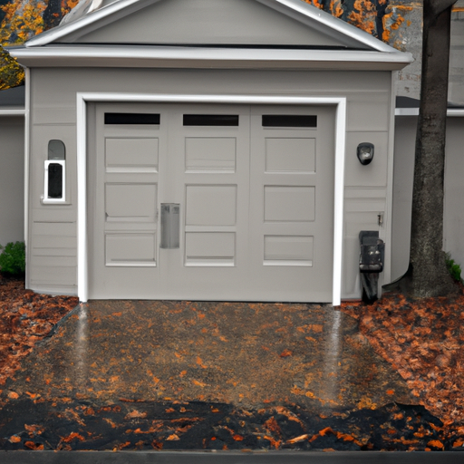 Suburban Cranford, NJ home exterior showing a modern garage door on wet pavement with autumn trees nearby.
