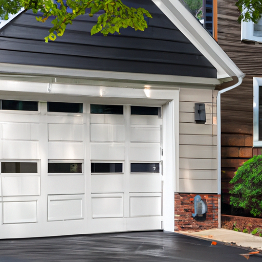 Suburban Cranford home exterior with modern garage door closed, smart keypad visible, overcast daylight.