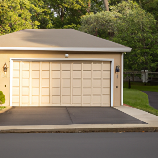 Modern insulated garage door on a suburban Cranford, NJ home at golden hour, visible panels and driveway