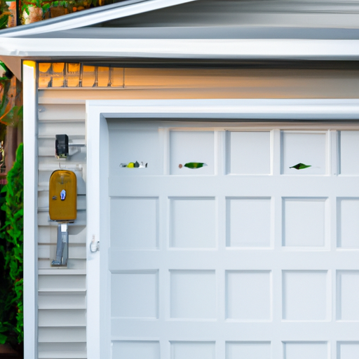 Suburban Cranford home exterior showing a modern sectional garage door with visible smart keypad and sensor at golden hour.