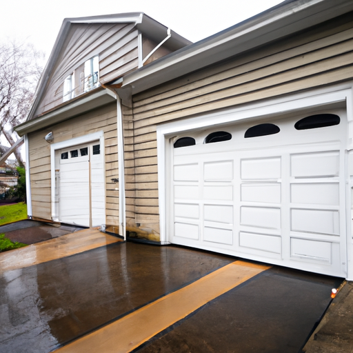 Overcast Cranford, NJ suburban home showing a two-car garage door with visible weatherstripping and wet driveway.
