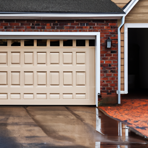 Cranford suburban garage exterior with modern sectional door and visible opener rail, wet driveway, no people.