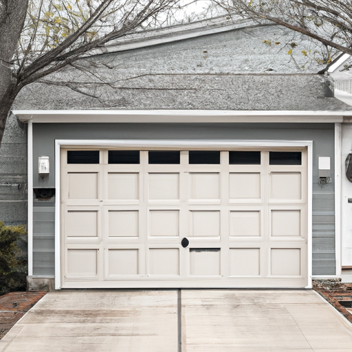 Suburban Cranford driveway with a modern painted steel garage door, neutral siding, and late spring greenery.