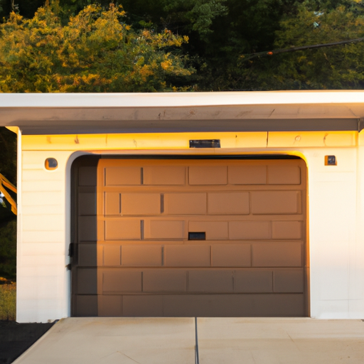 Suburban Cranford NJ garage with a modern sectional door and visible smart opener, driveway and landscaping.